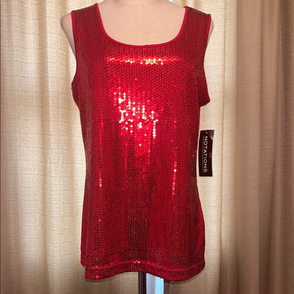 Notations Red Sequin Sleeveless Tank Top Womens Large NWT